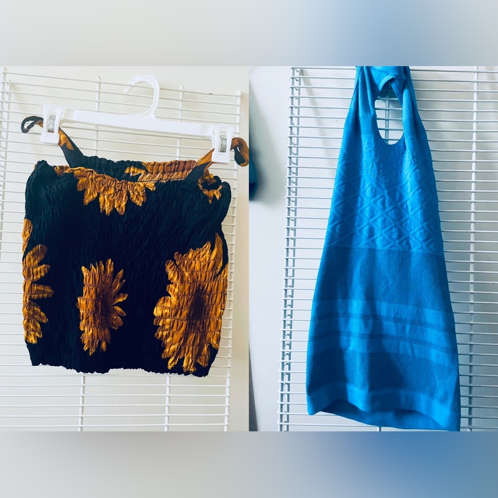 Summer Tops (2) Small Boho Stretchy Floral Print& Blue Stretchy Tank HOST PICK